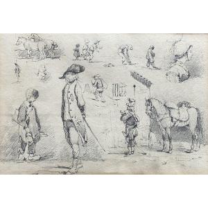 19th Century French School, Studies Of Horses And Small Scenes, Original Drawing