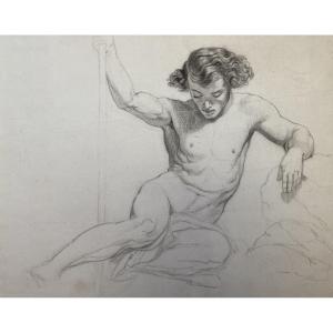 French Romantic School Of The 19th Century, Study Of A Half-naked Young Man, Pencil On Paper