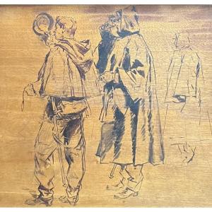 Edouard Detaille (1848-1912) Soldiers, Study, Black Ink On Wood Panel 