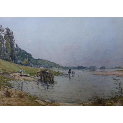 Paul Lecomte (1840-1920) Horses At The Bath In Chaumont Sur Loire, Watercolor