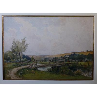 Paul Lecomte (1842-1920) Le Pont De Bois Sur l'Airaines, Aquarelle
