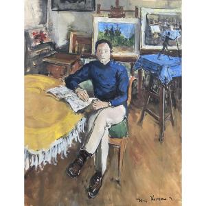 Jacques Thevenet (1891-1989) Portrait d'Homme dans l'atelier, Grande Gouache signée