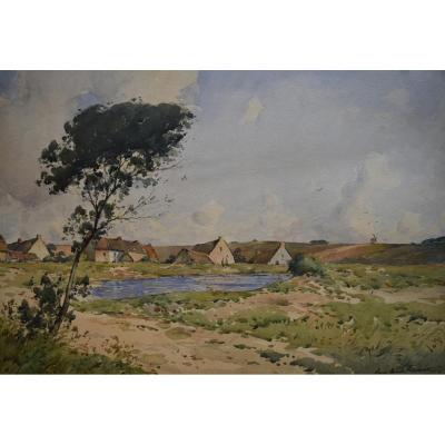 Paul-Emile Lecomte (1877-1950) Vue de village, grande aquare