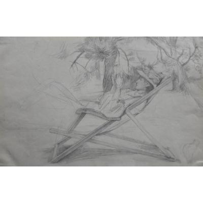 French School Beginning Of The 20th Century,  A Woman In A Deckchair, Pencil On Paper