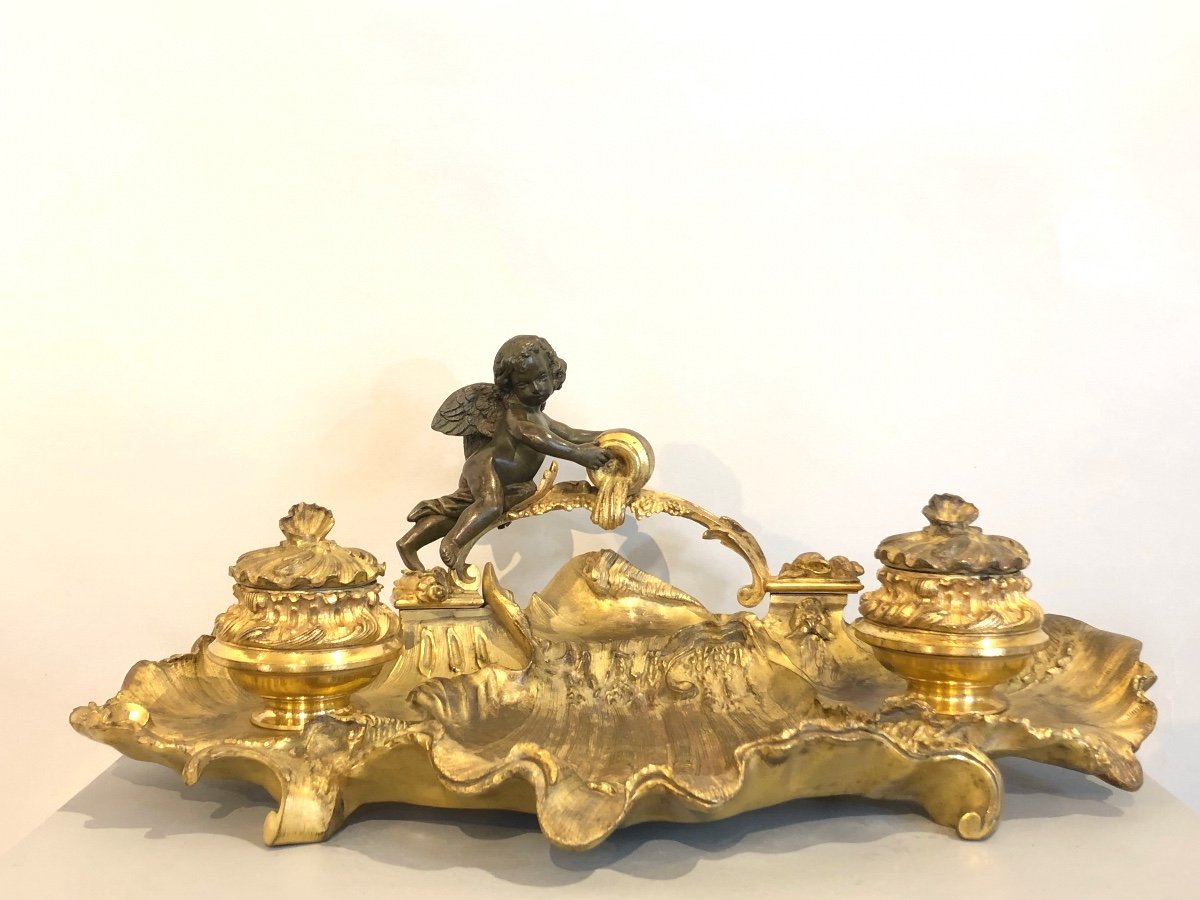 Encrier De Style Louis XV En Bronze Doré. -photo-2