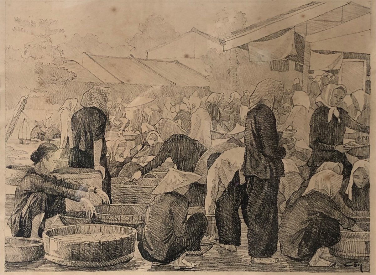 Dessin Scène De Marché Vietnamien Début XX ème Siècle. -photo-2