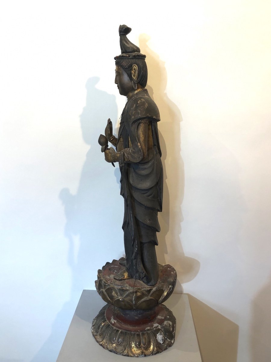 Bouddha En Bois Laqué Doré Du XIXe Siècle.-photo-3