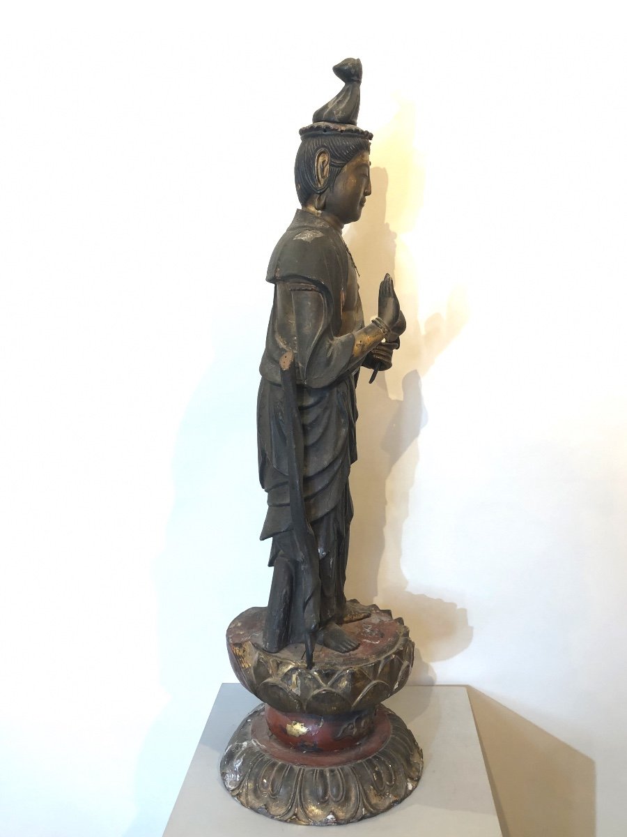 Bouddha En Bois Laqué Doré Du XIXe Siècle.-photo-2