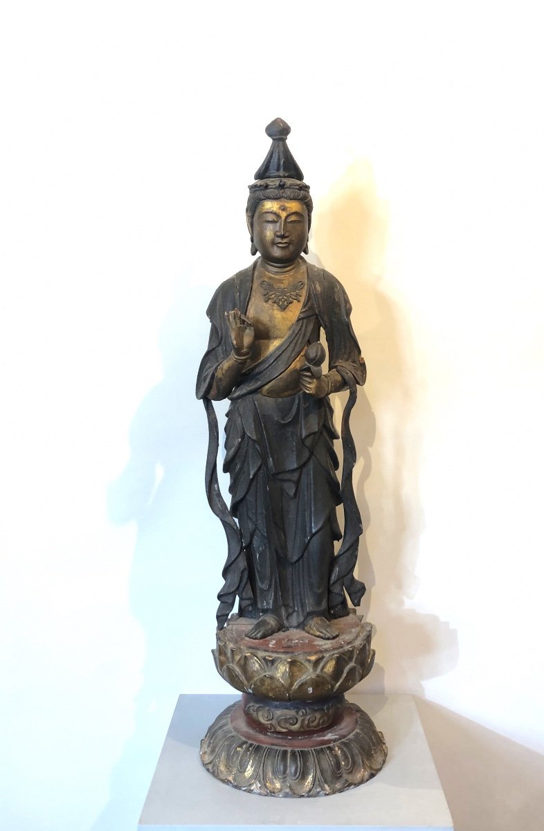 Bouddha En Bois Laqué Doré Du XIXe Siècle.