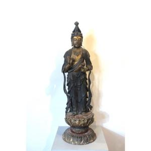 Bouddha En Bois Laqué Doré Du XIXe Siècle.