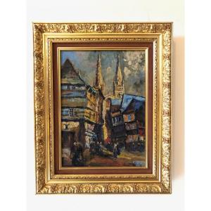 Oil On Canvas Representing The Streets Of Quimper.