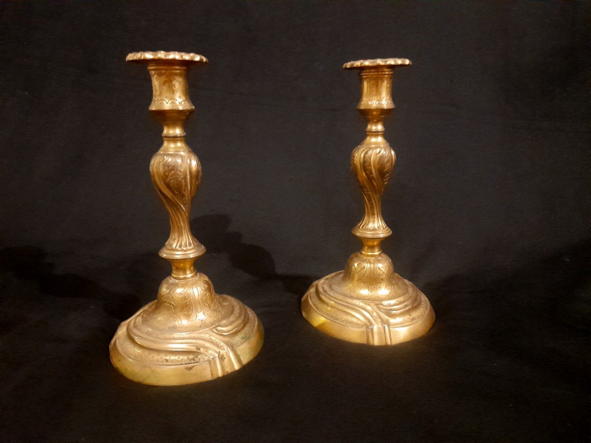 Pair Of Louis XV Period Candlesticks In Gilt Bronze 