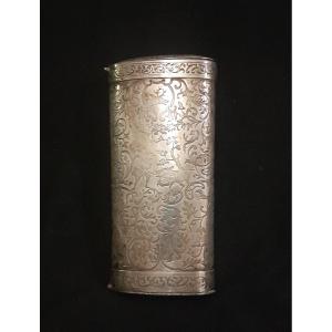 Cigar Humidor Hunting Case In Solid Silver, 19th Century