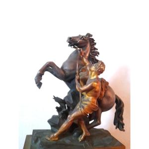 Marly Horse Clock In Gilded And Silvered Bronze, Restoration Period, 19th Century