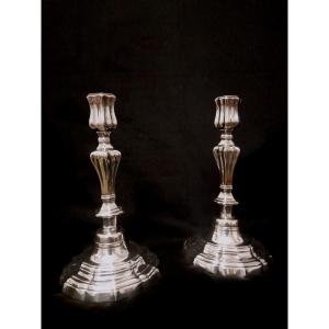 Pair Of Louis XV Period Candlesticks In Silver-plated Bronze, 18th Century 