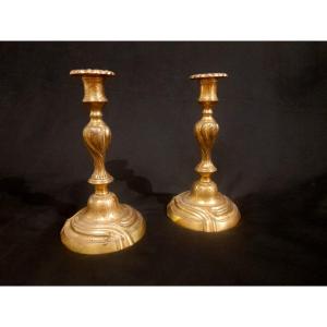 Pair Of Louis XV Period Candlesticks In Gilt Bronze 