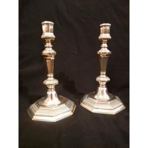 Pair Of Silver-plated Bronze Candlesticks, Louis XIV Period, 18th Century