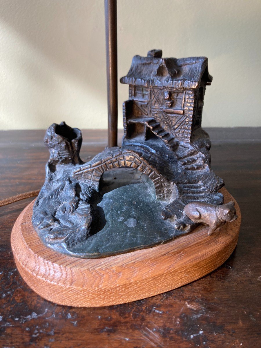 Bronze "maison Sur La Rivière" Monté En Lampe-photo-3