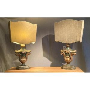 Pair Of Urns In Patinated Wood, Late 19th Century, Mounted In Lamps