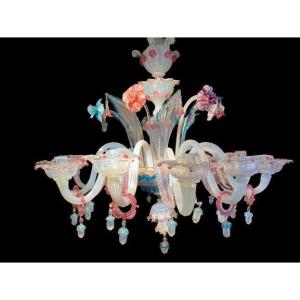 Ancien Lustre Polychrome En Verre De Murano