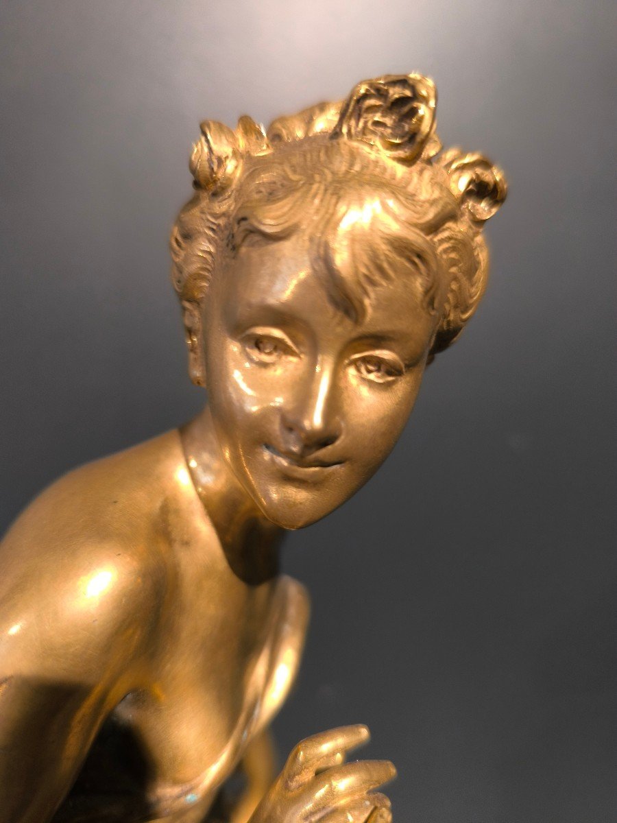 Statue De Jeune Femme Au Bain En Bronze Doré. XIXème Siècle-photo-2