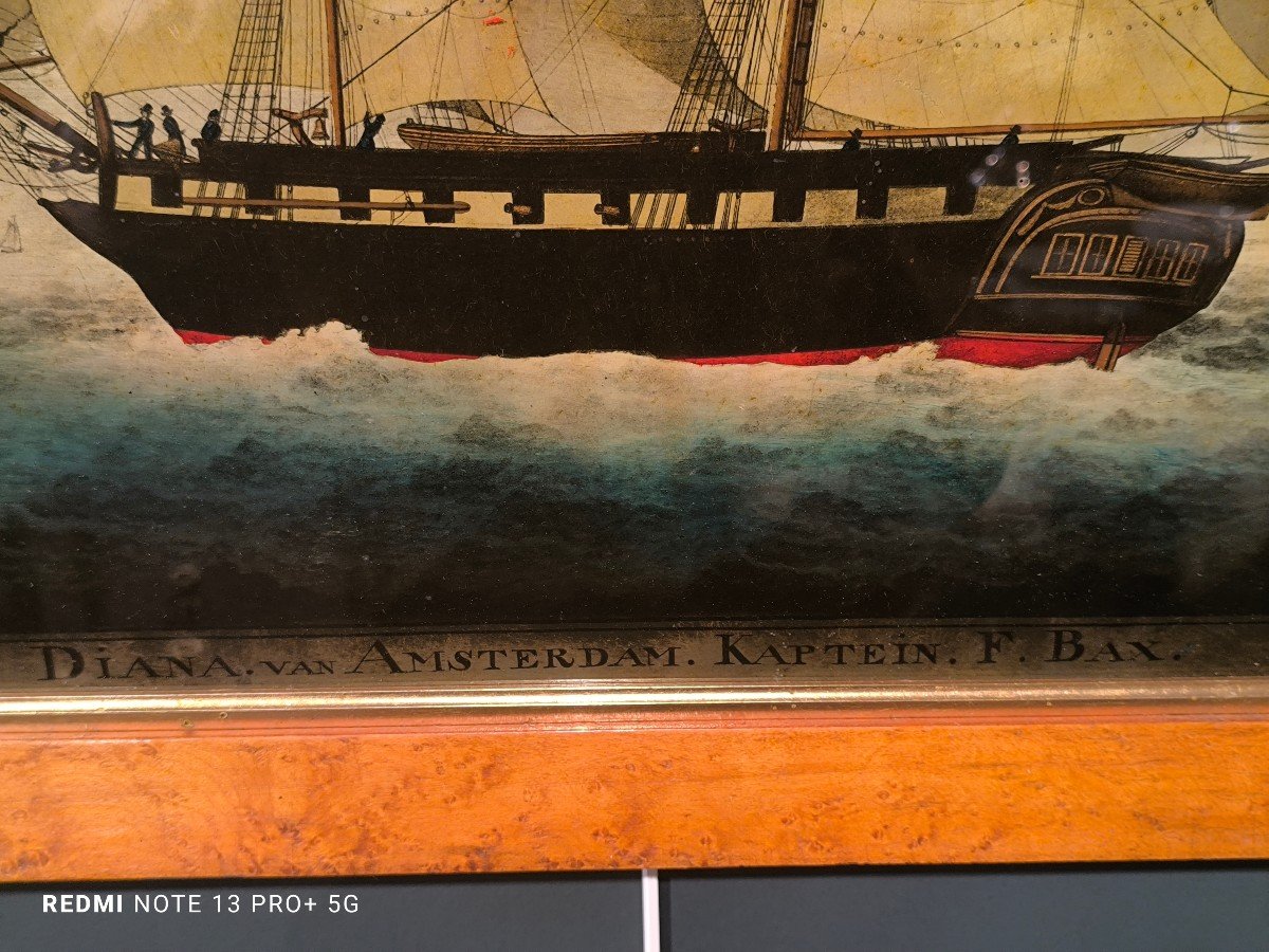 Important Fixed Under Glass From The XIX Th Century Representing  A Dutch Ship-photo-2