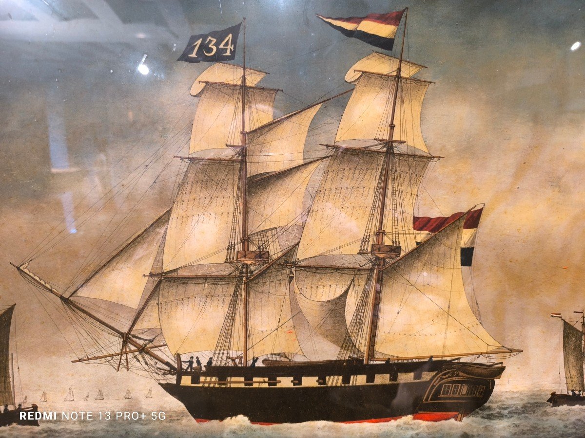 Important Fixed Under Glass From The XIX Th Century Representing  A Dutch Ship-photo-3