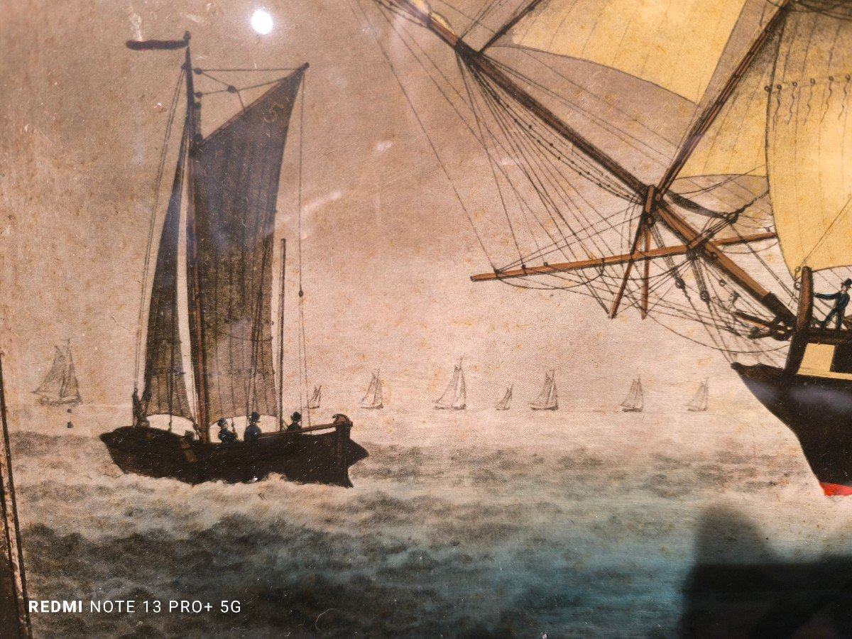 Important Fixed Under Glass From The XIX Th Century Representing  A Dutch Ship-photo-4