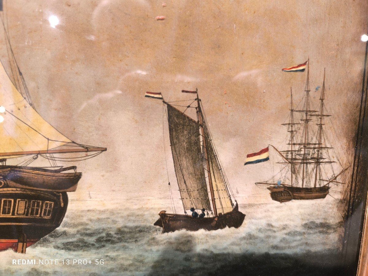 Important Fixed Under Glass From The XIX Th Century Representing  A Dutch Ship-photo-1