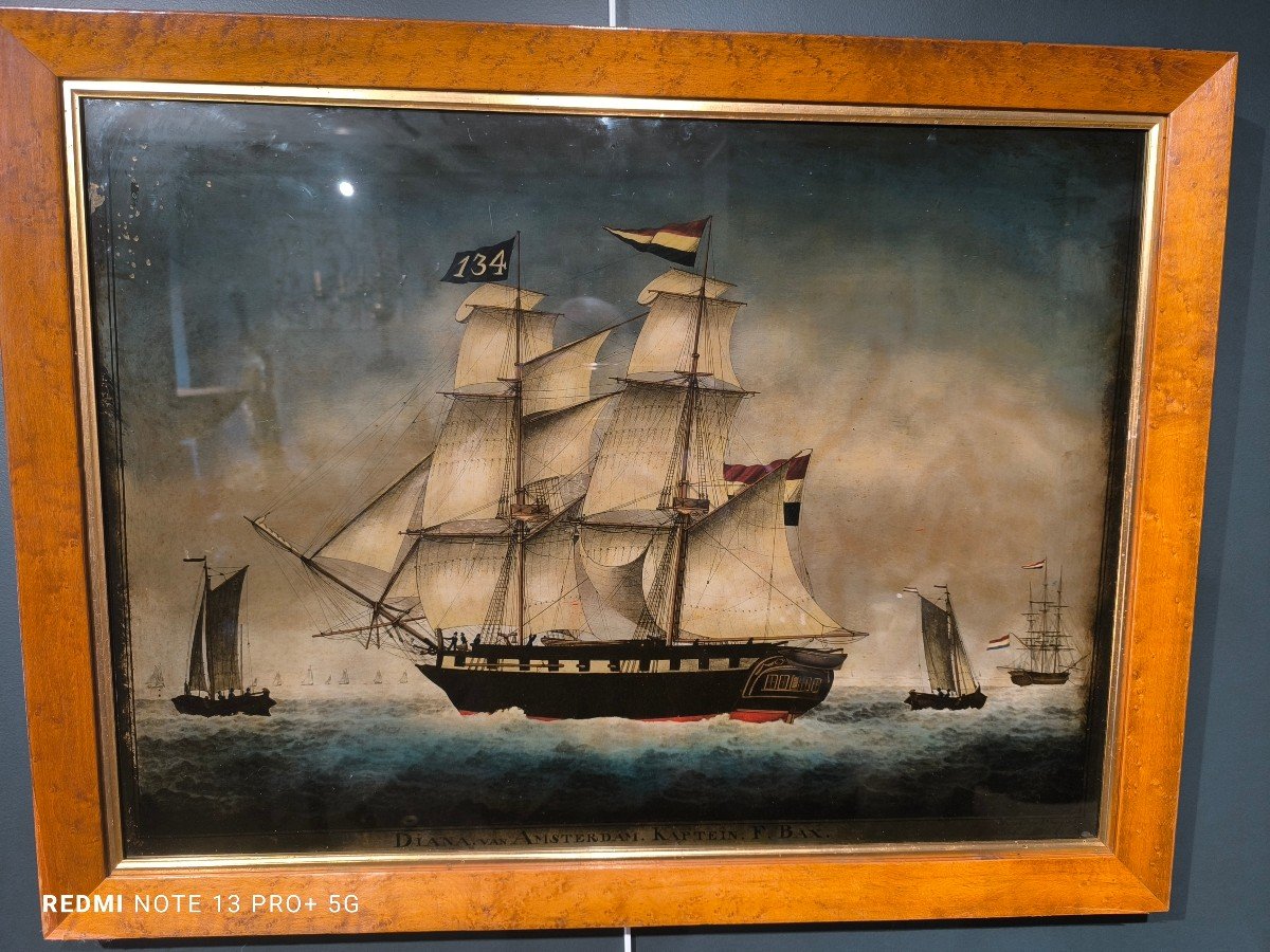 Important Fixed Under Glass From The XIX Th Century Representing  A Dutch Ship