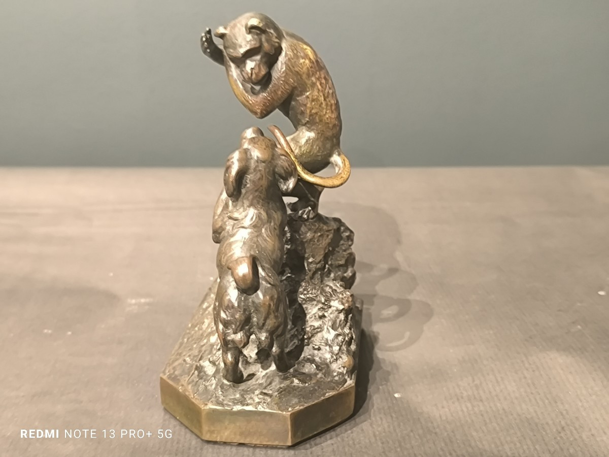 Bronze With Brown Patina: Monkey And Dog Playing Together-photo-3