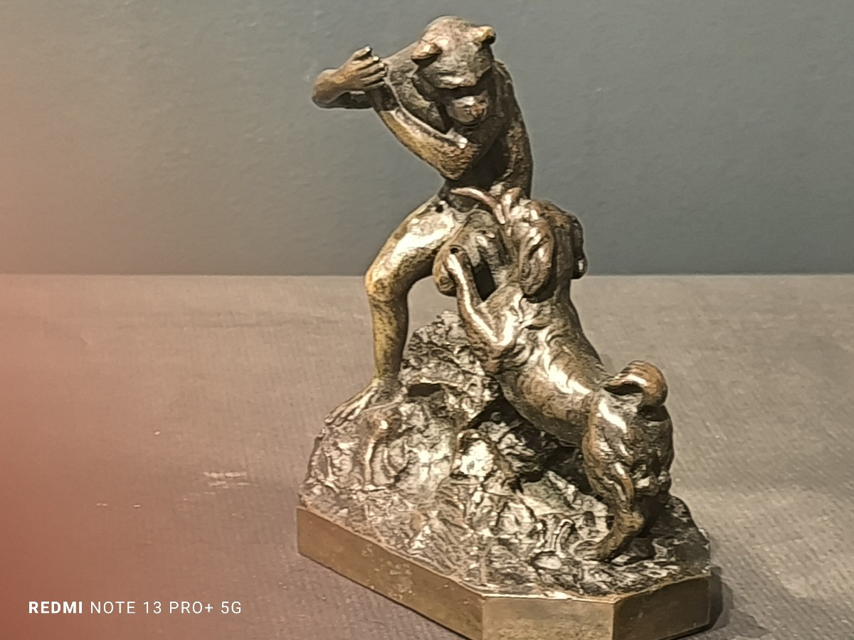 Bronze With Brown Patina: Monkey And Dog Playing Together