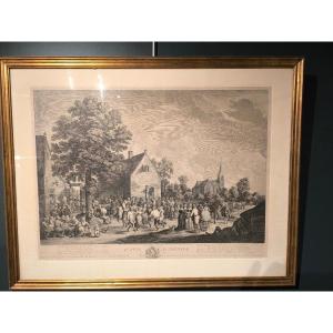 Importante Gravure Du XVIIIème Siècle . 4ème Fête Flamande d'Après Teniers Gravée Par Le Bas.