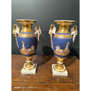 Pair Of Porcelain And Biscuit Vases With Neoclassical Decor. Empire Period