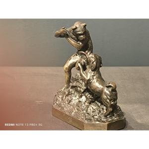 Bronze With Brown Patina: Monkey And Dog Playing Together