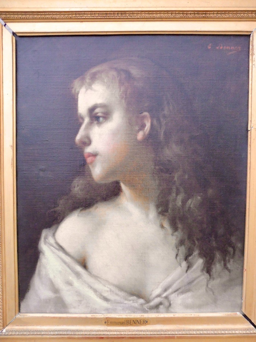 Emmanuel BENNER (1836 - 1896) Jeune Femme en buste de profil Huile sur toile sign&eacute;e en haut &agrave; droite 8F 46X38cm 19&egrave;me XIX&egrave;me Napol&eacute;on III-photo-2