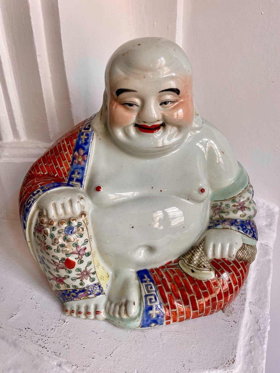 China - Minguo Republic (1912 - 1949) Hotei In Polychrome Porcelain, Laughing Buddha -photo-3