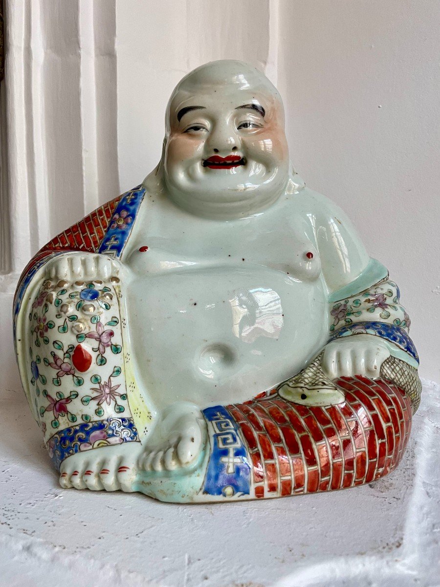 China - Minguo Republic (1912 - 1949) Hotei In Polychrome Porcelain, Laughing Buddha -photo-4