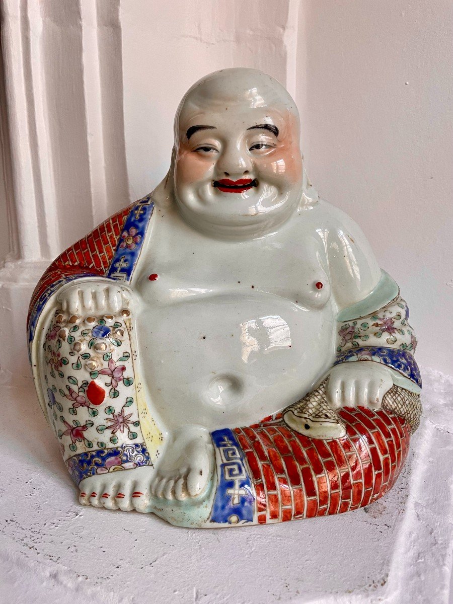 China - Minguo Republic (1912 - 1949) Hotei In Polychrome Porcelain, Laughing Buddha -photo-5