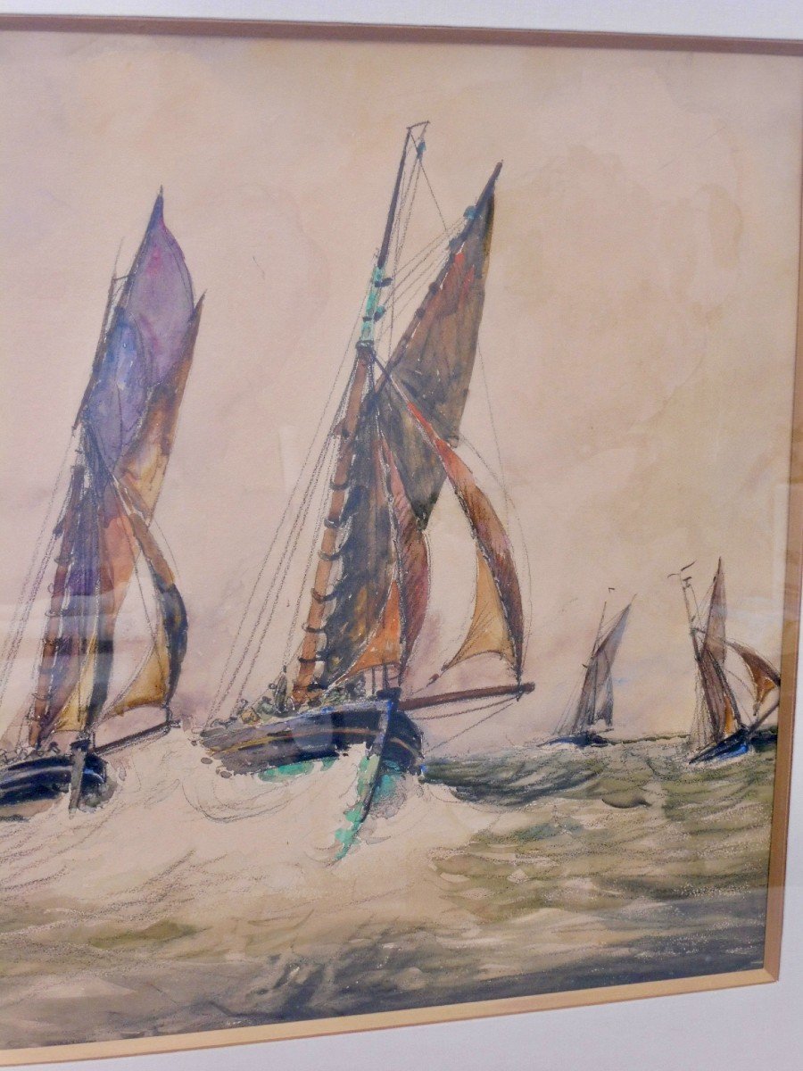 Frank Will 1900-1950 fils  de Boggs Frank William Aquarelle sur papier régates à voiliers régate à  Barfleur Normandie circa 1930 Marine 66X80 cm -photo-3