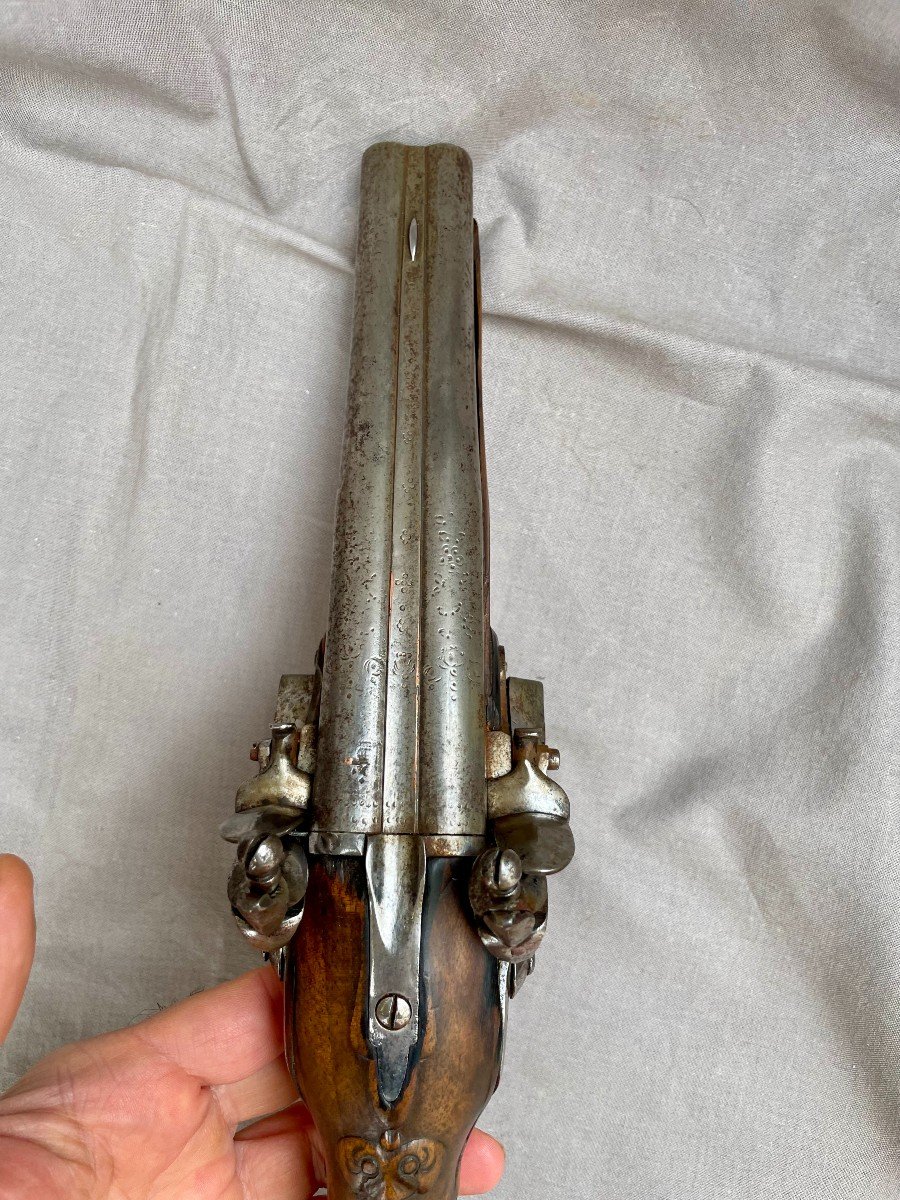 Double Flintlock Pistol For Travel Or Carriage. Juxtaposed Baguette Barrels Of Louis XV Origin-photo-2