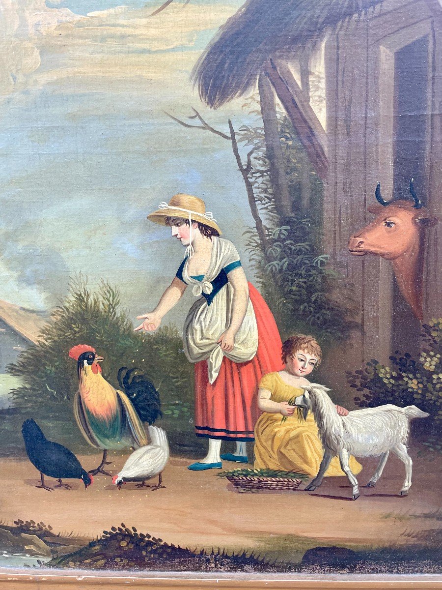 Trumeau de Cheminée époque Romantique Circa 1840 Louis Philippe Charles X Restauration Jeune Femme et  Fillette dans une cour de ferme nourissant les animaux XIXème 19ème  152 X86 cm -photo-2