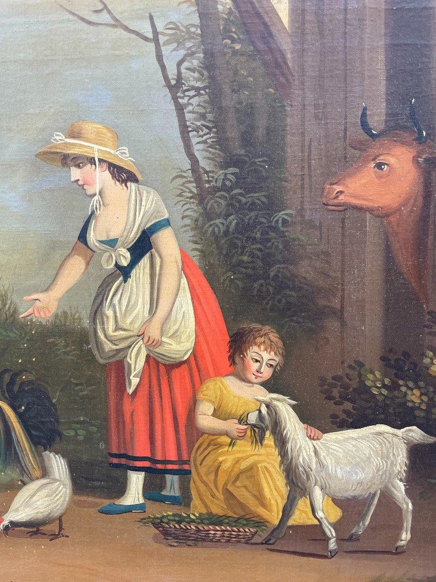 Trumeau de Cheminée époque Romantique Circa 1840 Louis Philippe Charles X Restauration Jeune Femme et  Fillette dans une cour de ferme nourissant les animaux XIXème 19ème  152 X86 cm -photo-4