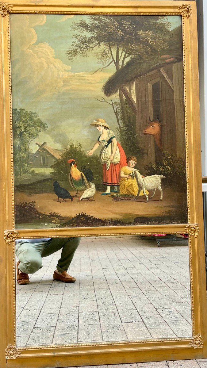 Trumeau de Cheminée époque Romantique Circa 1840 Louis Philippe Charles X Restauration Jeune Femme et  Fillette dans une cour de ferme nourissant les animaux XIXème 19ème  152 X86 cm -photo-2