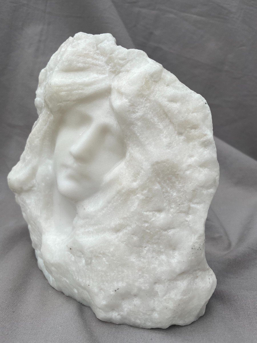 Symbolist School Late 19th Century Direct Cut Marble Head Of A Dreaming Woman Titled "tessa" 16.5 X 18cm -photo-8