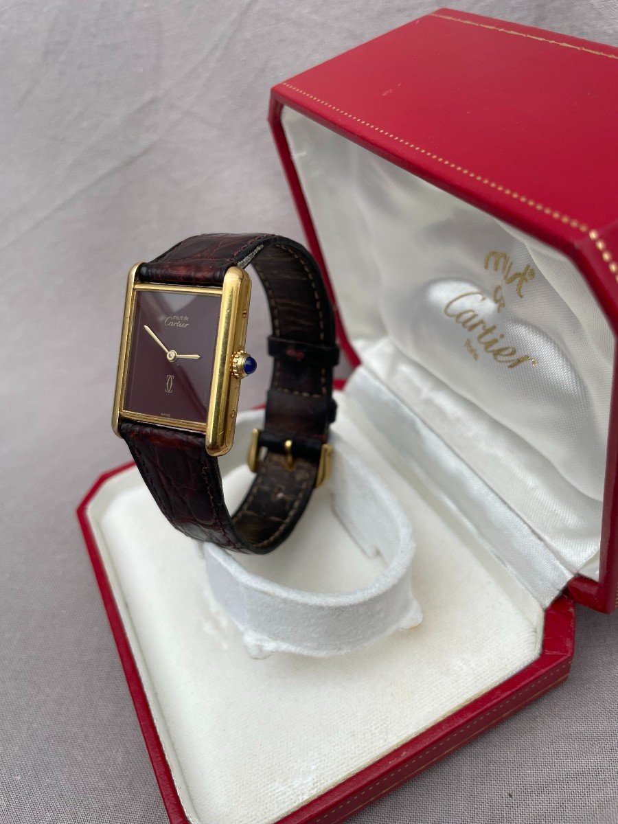 CARTIER Tank Must homme femme Montre bracelet en vermeil. GM  Coffret boite  et papiers de garantie d'origine cadran Bordeaux Grenat uni année 1993-photo-3