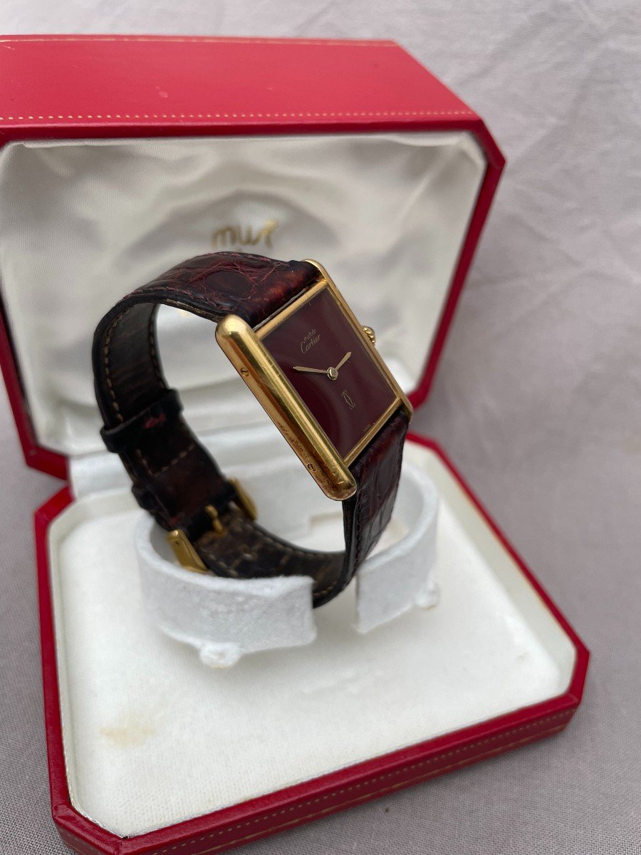 CARTIER Tank Must homme femme Montre bracelet en vermeil. GM  Coffret boite  et papiers de garantie d'origine cadran Bordeaux Grenat uni année 1993-photo-4