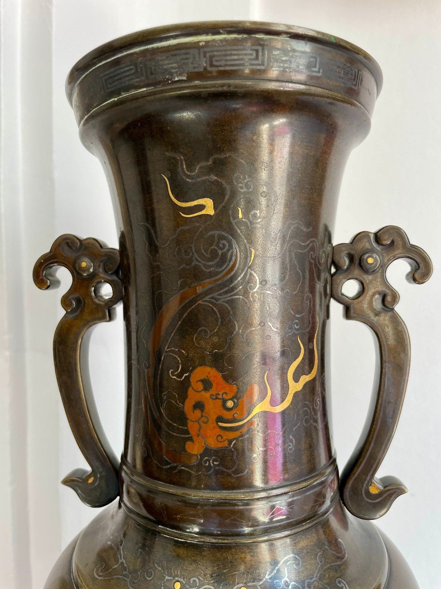 Japon Meiji 1868-1912 grand vase balustre bronze à décor oiseaux et fleurs en relief 46cm 5.7KG-photo-2