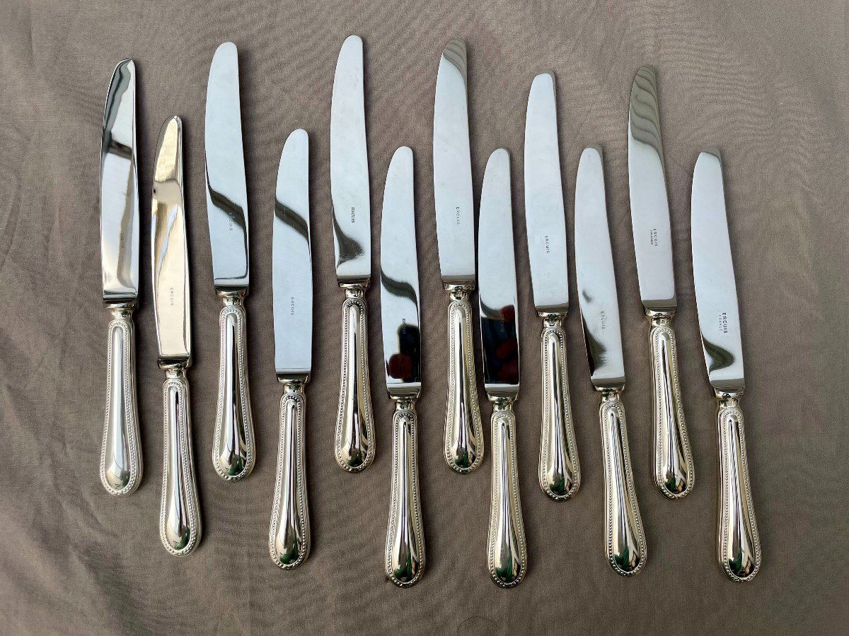 Ercuis Paris 1867 Set Of 12 Large Table Knives Ref 6545 Lafayette -silver Metal Beads