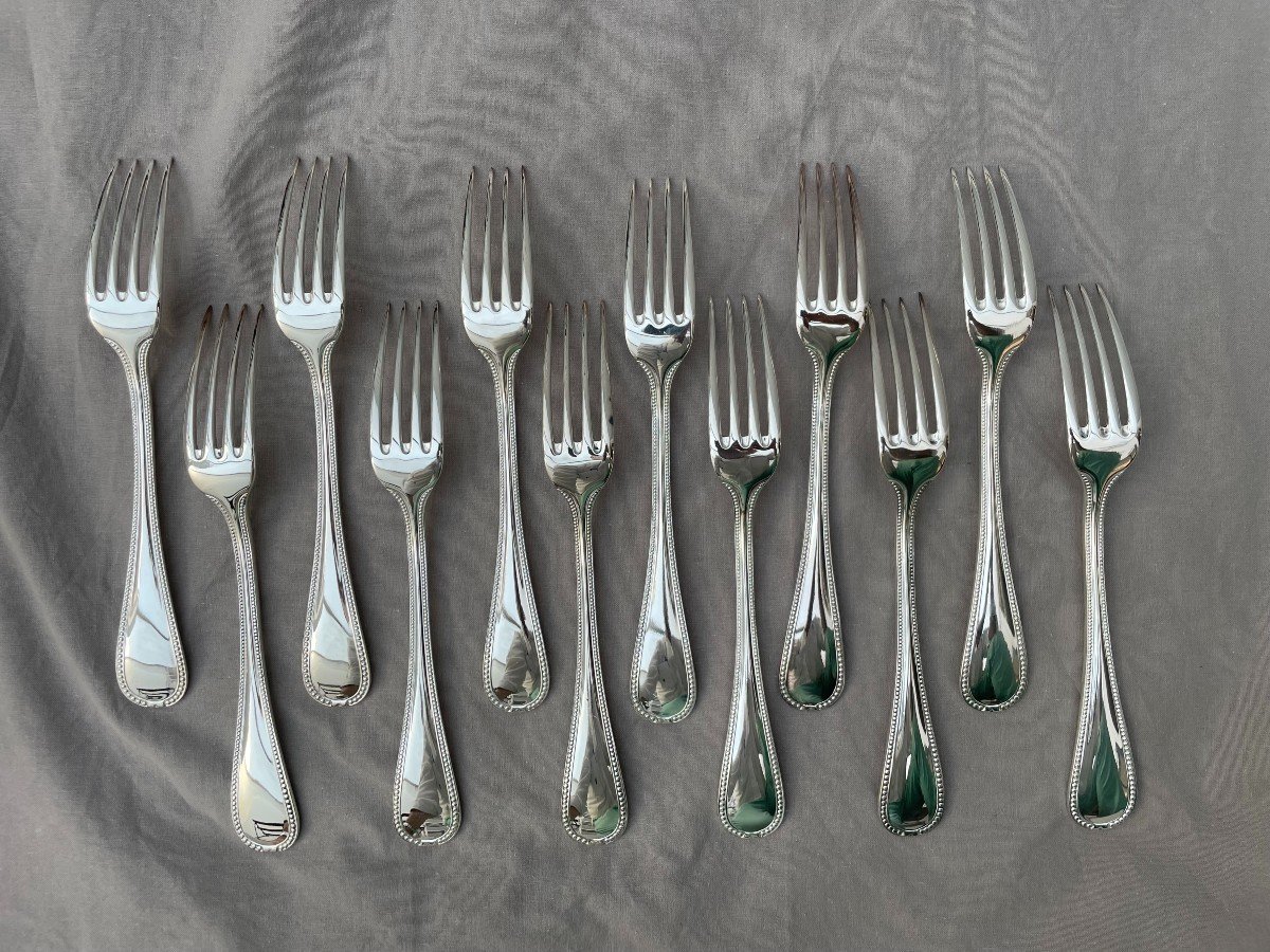 Ercuis 12 Table Cutlery Forks Spoons Mod Lafayette Silver Metal Beads 24 Pieces-photo-4